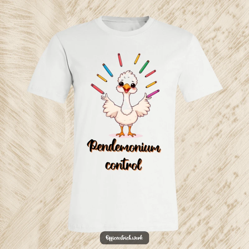Funny cheerful ostrich energetically juggling multiple colored pens, symbolizing creativity on a fun t-shirt.