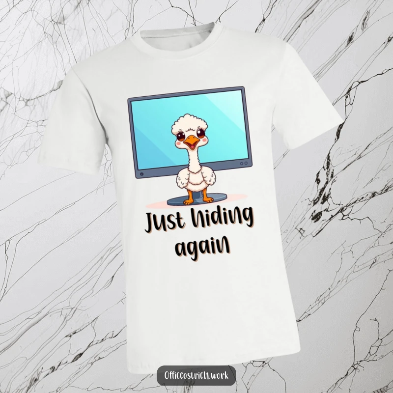 Funny kawaii ostrich peeking from behind a large monitor, representing office curiosity and a playful vibe on a t-shirt.