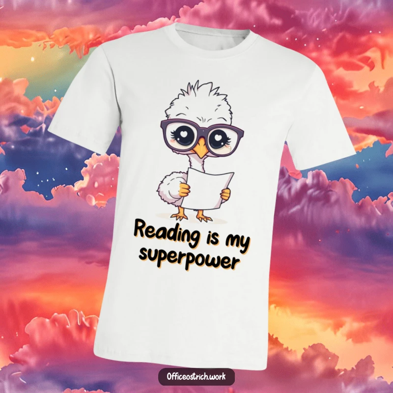 Funny t-shirt depicting an ostrich wearing large glasses, poring over a document with a look of deep concentration.