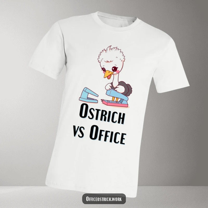 Funny t-shirt with a cute ostrich character playfully interacting with a stapler on a desk, capturing a moment of office absurdity.