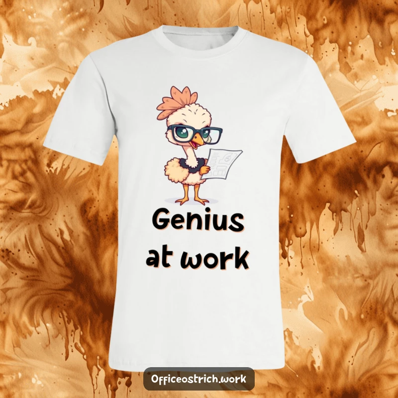 Funny ostrich with oversized glasses intensely examining a blueprint on this witty and humorous t-shirt.