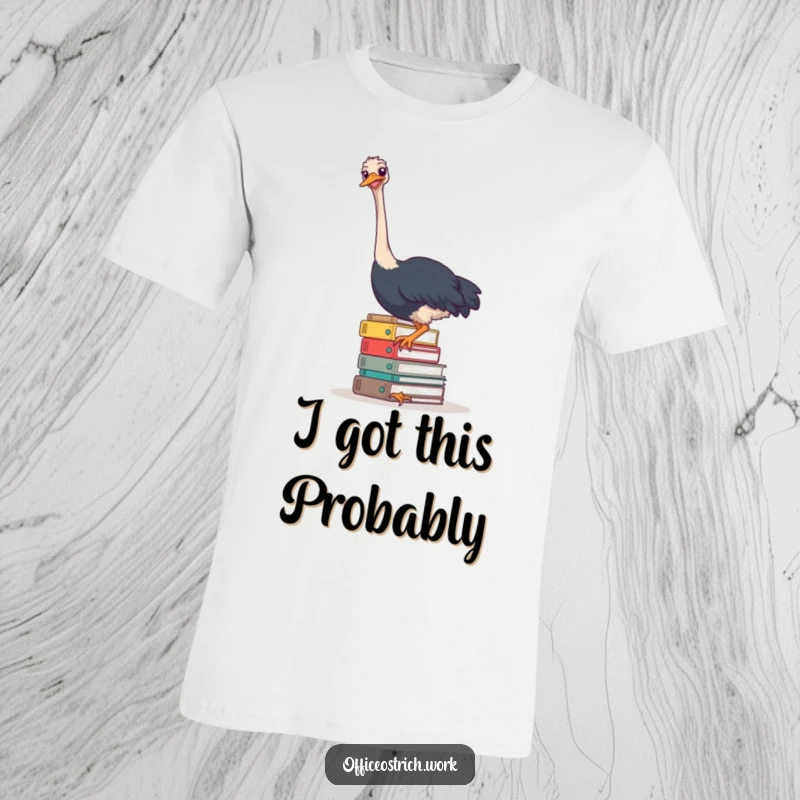 Funny ostrich attempting to balance impossibly tall stack of office files, looking overwhelmed on this hilarious t-shirt.