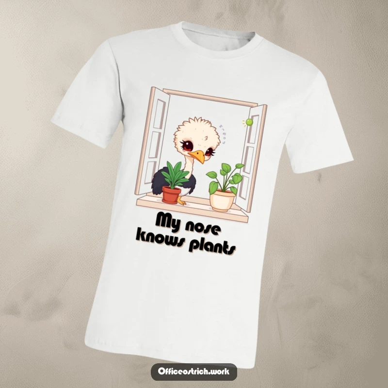 Funny t-shirt featuring a curious ostrich character with its head tilted, sniffing a potted plant with intense focus.