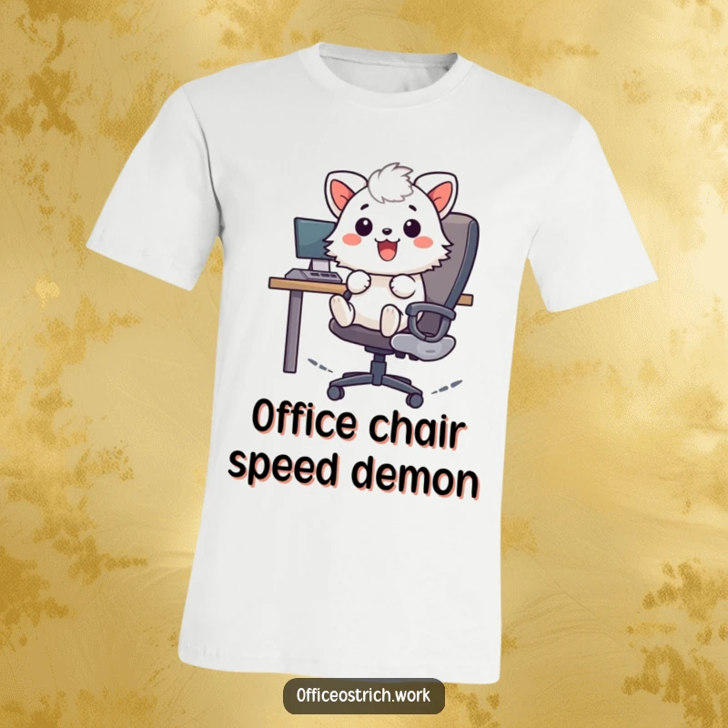 Funny cheerful fuzzy round animal character zooming rapidly on an office chair, on a comfortable t-shirt. Dynamic and humorous design.