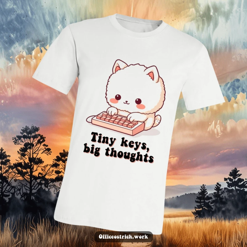 Funny fluffy round animal character struggling to type on a miniature keyboard, on a comfortable t-shirt. Humorous and relatable tech design.