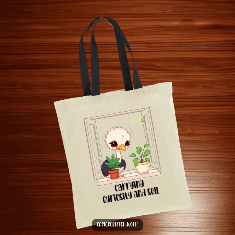 Funny tote bag featuring a curious ostrich character sniffing a potted plant, bringing a sense of wonder to your day.