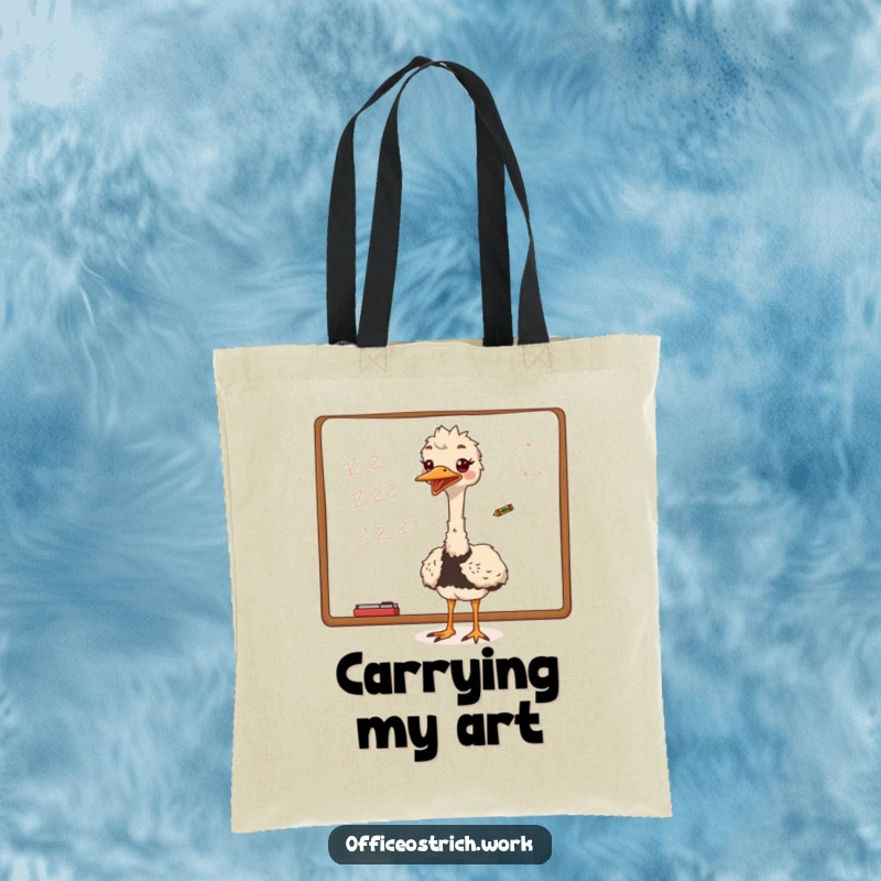 Funny ostrich enthusiastically scribbling on a whiteboard with a tiny crayon, a humorous and practical tote bag.