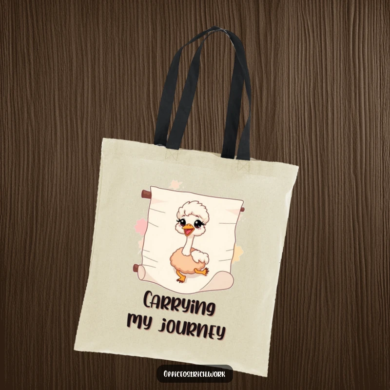 Funny ostrich sliding down a scroll on a tote bag, perfect for carrying essentials with a carefree attitude.