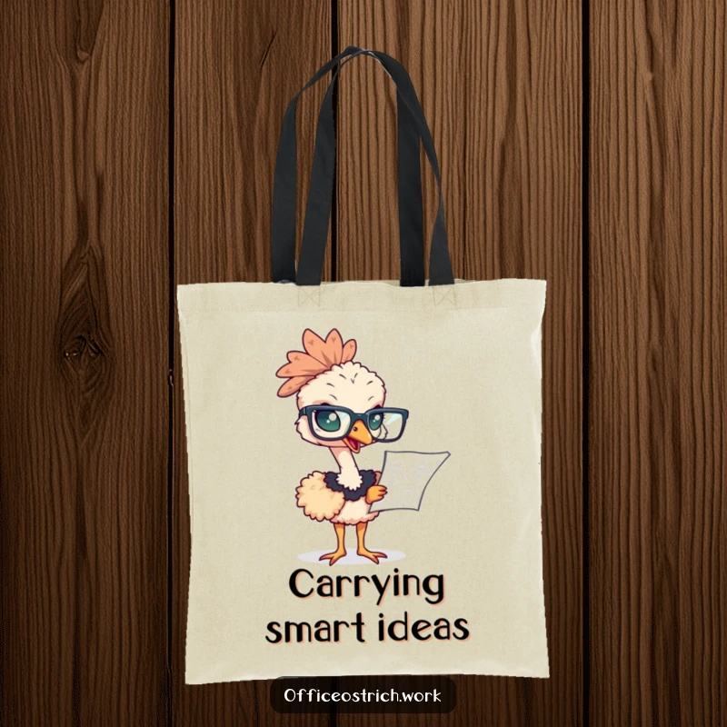 Funny ostrich wearing oversized glasses, studying a blueprint on a durable tote bag, perfect for planners.