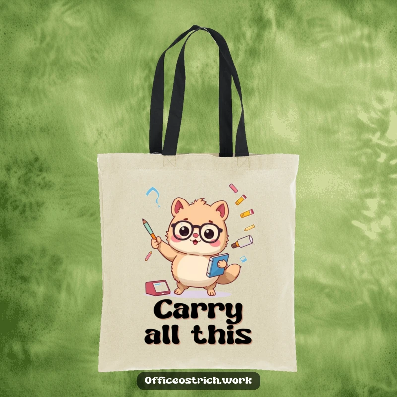 Funny fuzzy round animal character juggling office supplies like pens and binders, on a durable tote bag. Great for work essentials.