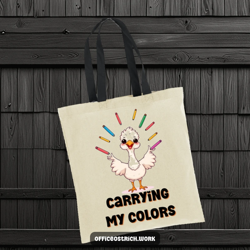 Funny cheerful ostrich juggling pens, this tote bag is a vibrant symbol of creativity and organization.