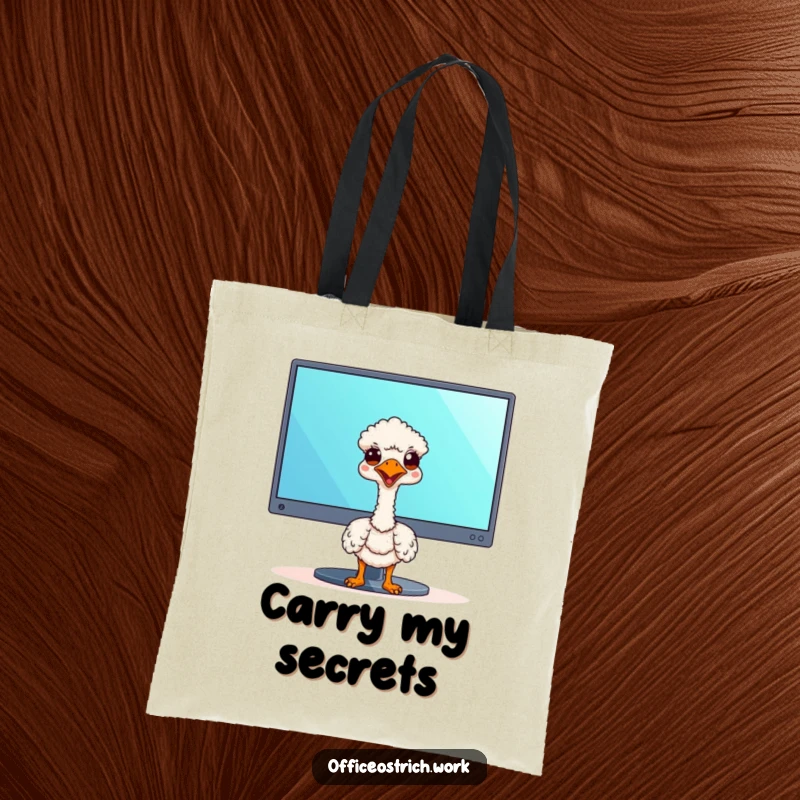 Funny kawaii ostrich peeking from behind a monitor, this tote bag is perfect for carrying office essentials with humor.
