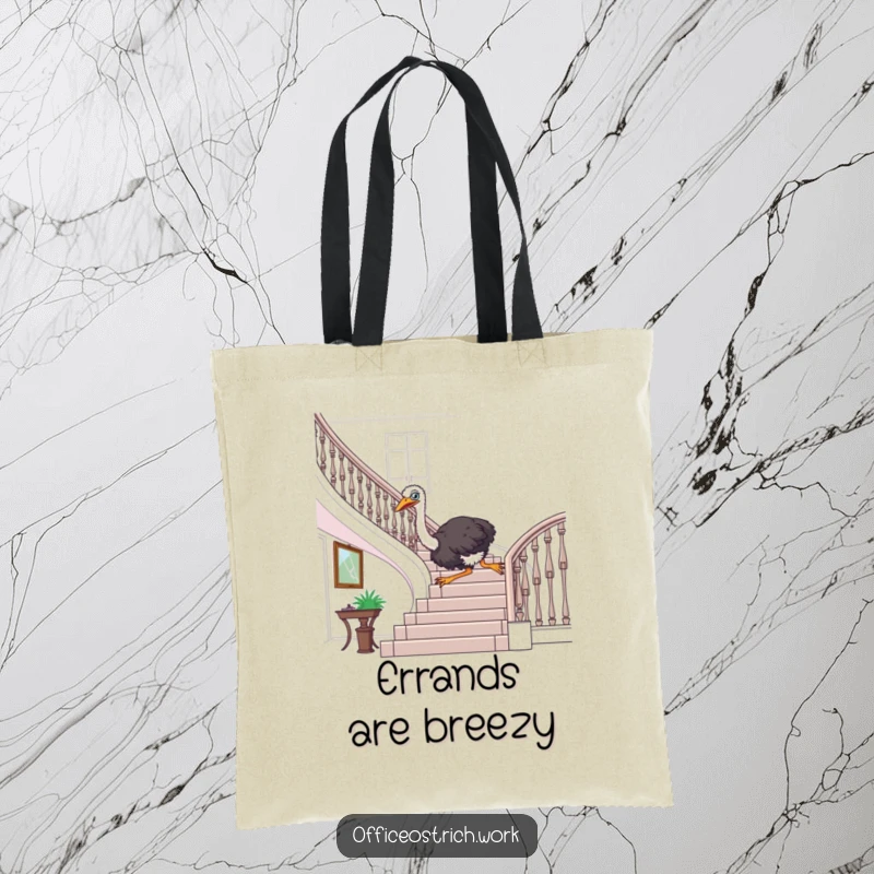 Funny ostrich sliding down an office banister on a sturdy tote bag, showcasing adventurous spirit and humor.