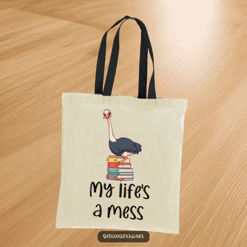 Funny ostrich with an enormous, unstable stack of files on a durable tote bag, perfect for office or errands.