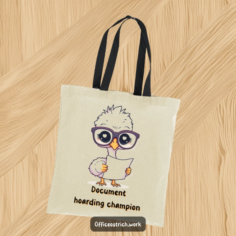 Funny tote bag featuring an ostrich wearing oversized glasses, concentrating on a document, great for carrying books.