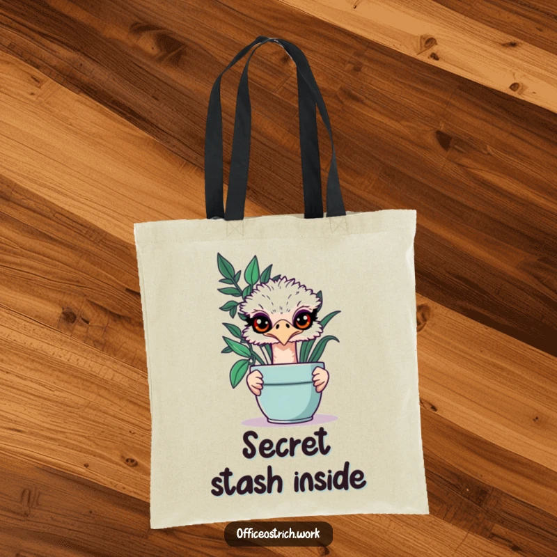 Funny ostrich with wide, mischievous eyes peeking from behind a potted plant on a durable tote bag.
