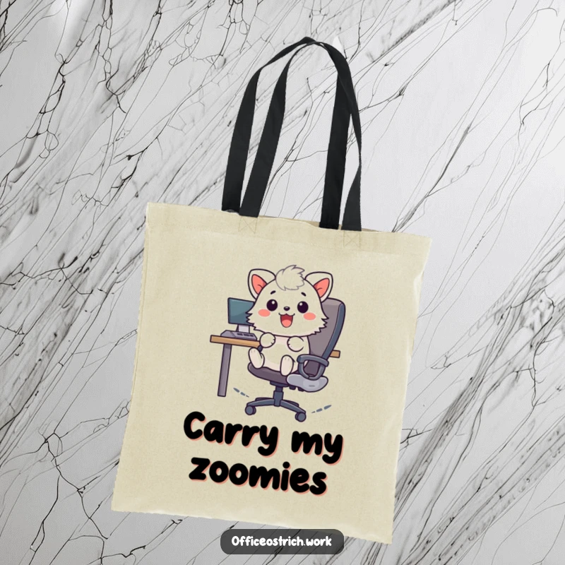 Funny cheerful fuzzy round animal character zooming on an office chair, on a durable tote bag. Great for carrying items on the go.